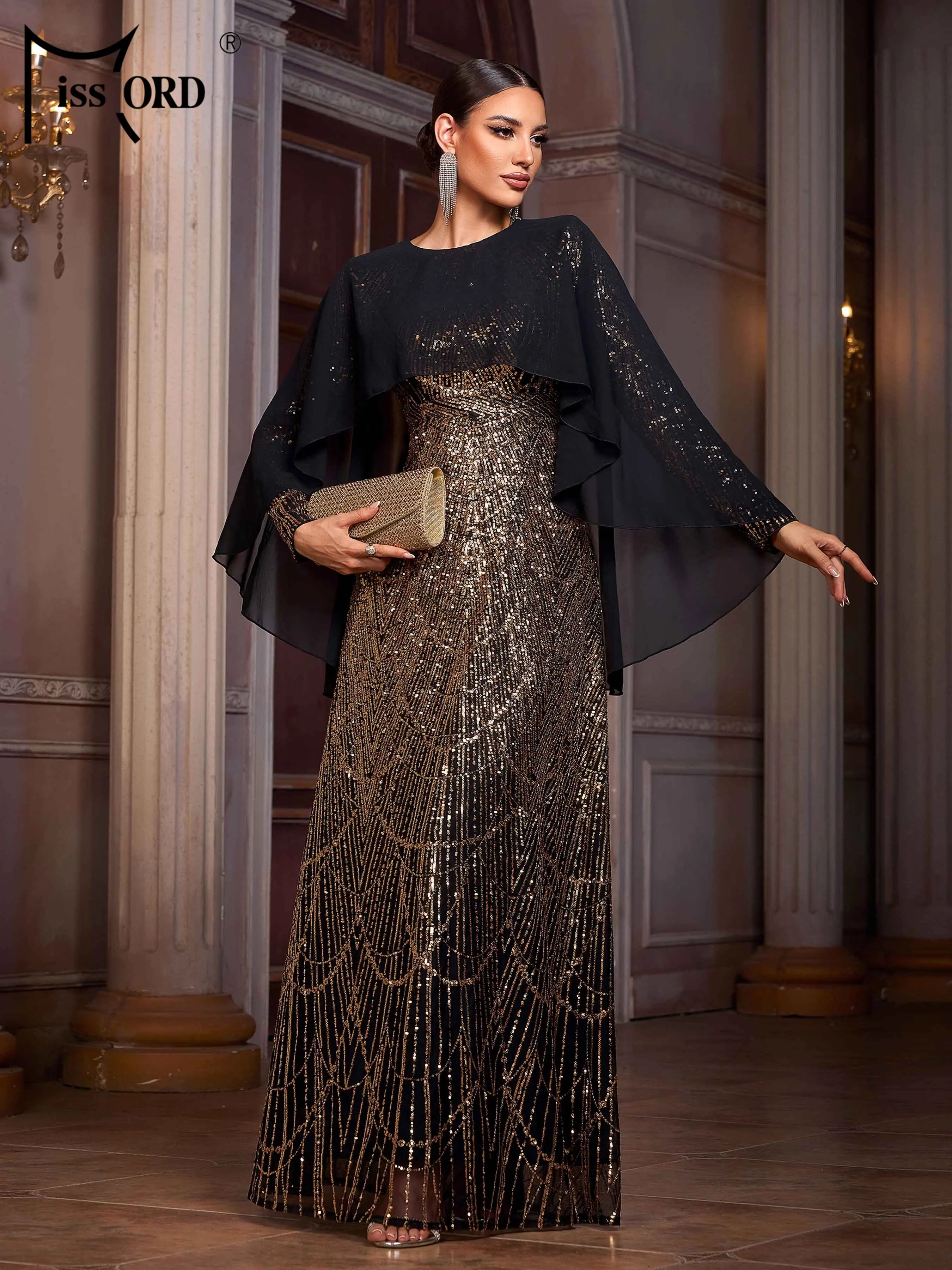 Missord 2026 New Round Neck A Line Sequin Evening Gown Batwing Sleeves Formal Occasion Wedding Birthday Party Maxi Golden Dress