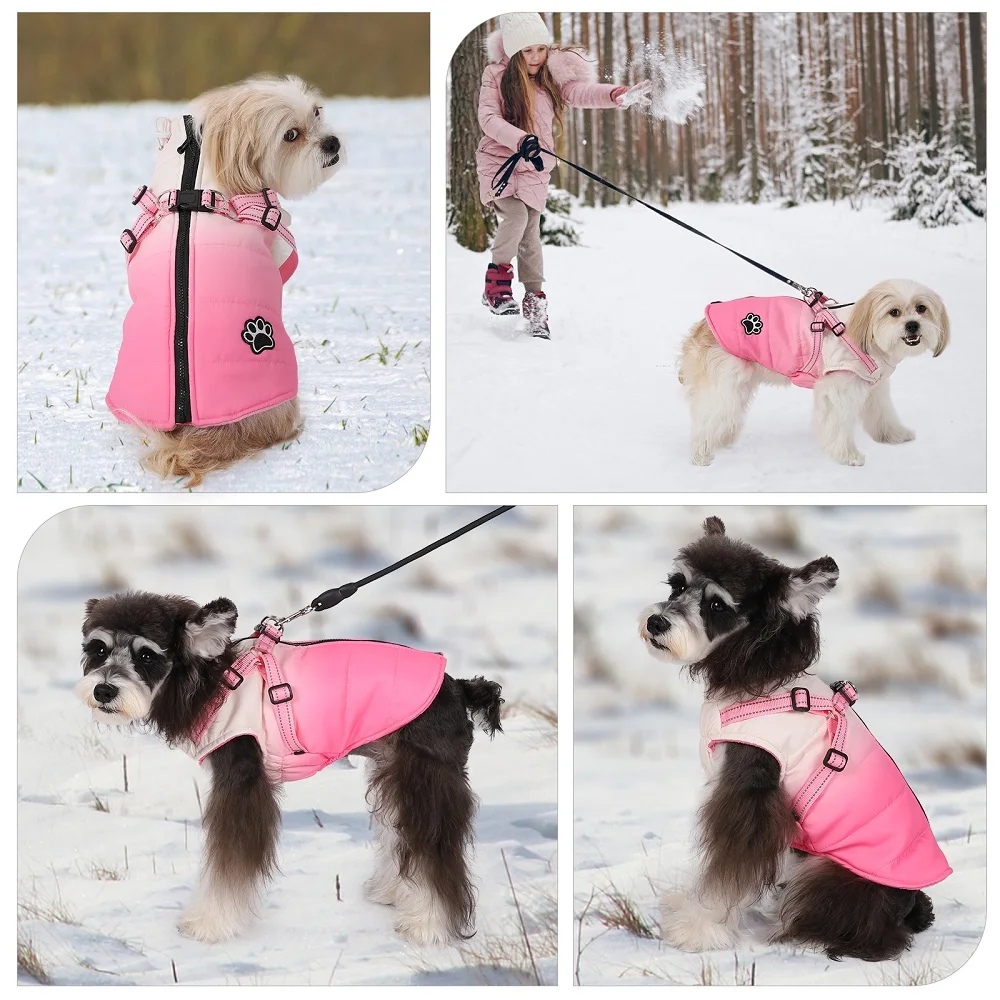 Casaco impermeável com arnês, roupa quente para o inverno, casaco para cães pequenos e grandes, roupas chihuahua, roupas de buldogue francês