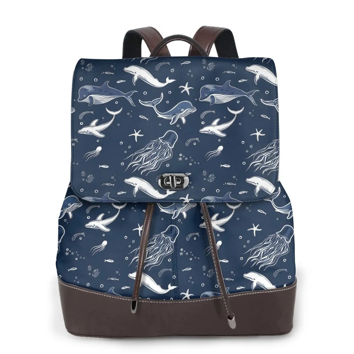 Sea Animals White Lines Dark Blue Background Bookbag School Student Bags Hiking Travel Daypack for Women Fashion Derma Backpack