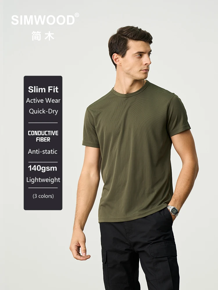 SIMWOOD 2025 Summer New Slim Fit Active Quick T-Shirts Men Lightweight 140gsm Antistatic Conductive Fabric Athletic Gym Tops