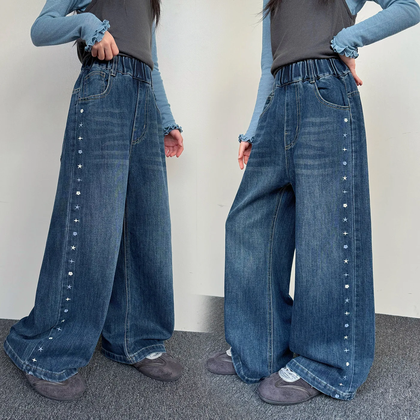 Child High Street Straight Fit Jeans with Side Embroidery Girls Elegant Casual Denim Pants Kids Spring Autumn Wide Leg Trousers