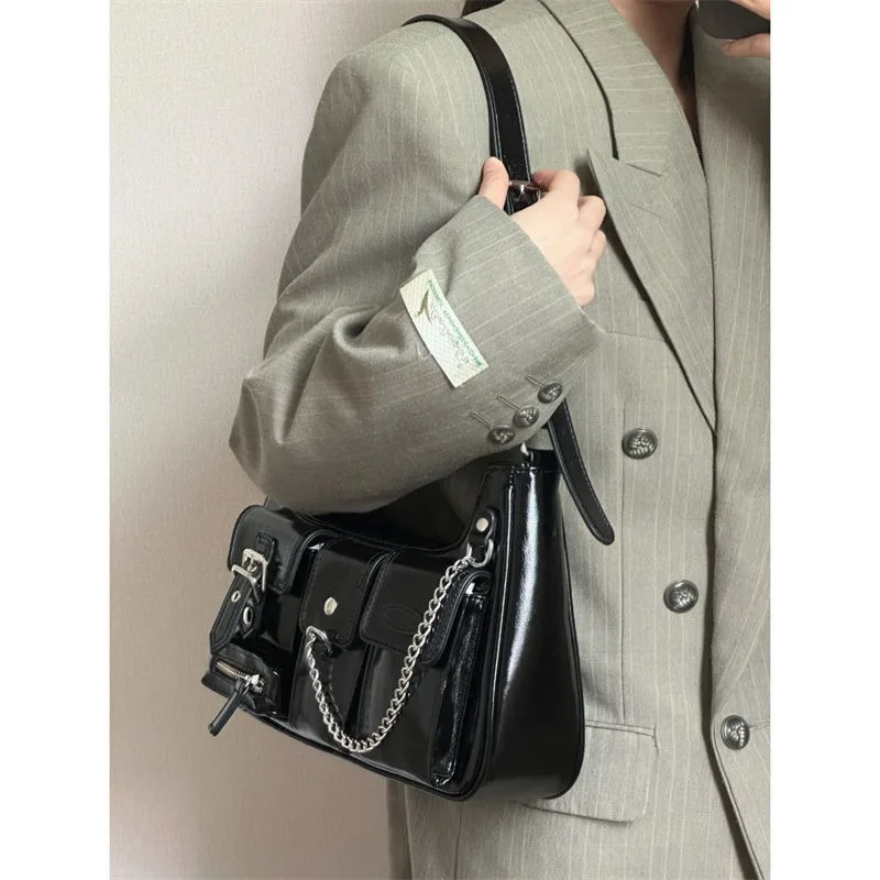 Harajuku Y2k Womens Shoulder Bag Harajuku Fashion Gothic Casual Black Chains Handbag Hot Girls Pu Leather Ladies Underarm Bag