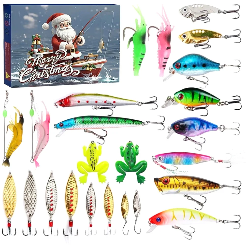 Angelköder, harter Köder, Weihnachtsgeschenkbox, Angelhaken-Set, 24-Tage-Weihnachts-Countdown-Kalender, Angelgerät-Set für Fisher Men