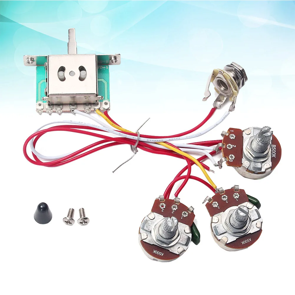 

1Set Guitar Wiring Harness Kit 5 Way Toggle Switch 1 Volume 2 Tone Pot Jack 500k High Grade Durable Components
