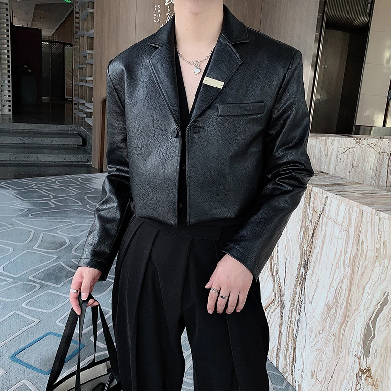 

Ele Single-Button Leather Jaet Men's Faionable ort Coat Casual Long Sve Youthful Sle Hair St Favorite