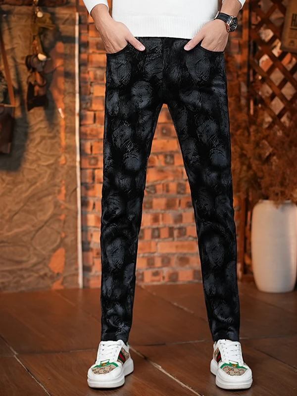 

High-End Faion Corduroy Bla Casual Pants Men's Autumn Winter Slim Fit Trendy Versatile Long Trousers Printed Design mid W...