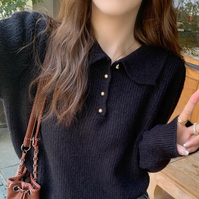 Autumn Winter New Fashion Turn-down Collar Long Sleeve Solid Color Pullovers Women\'s Clothing Button Patchwork Knitting Sweaters