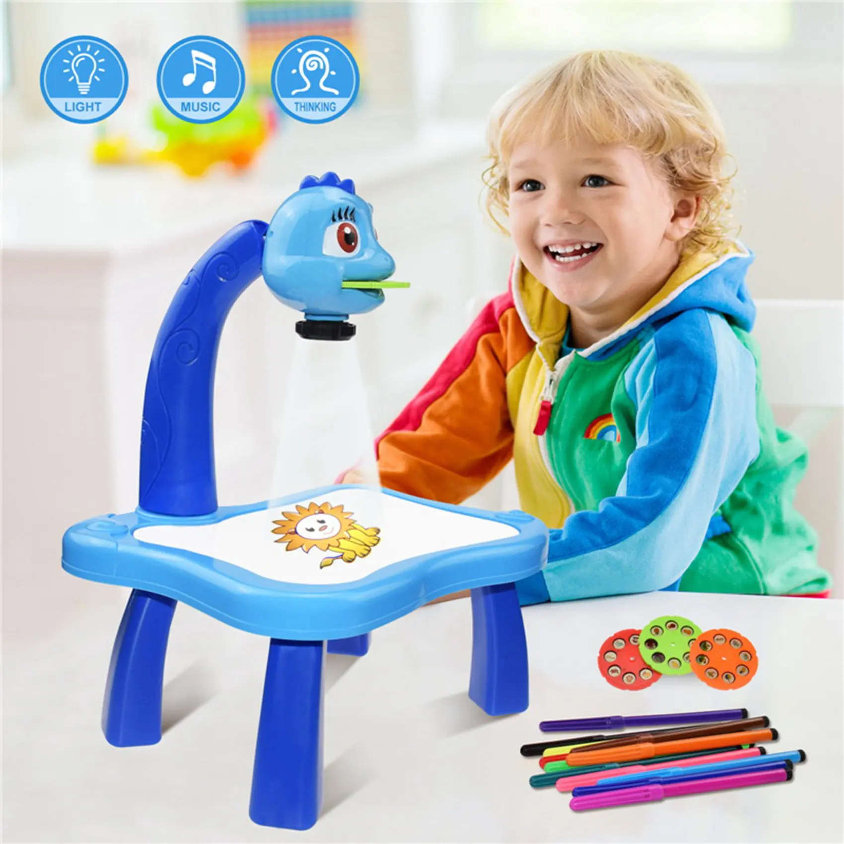 Children Led Projector Art Drawing Table Toys Kids Painting Board Desk Arts Educational Learning Paint Tools Toy - Blue