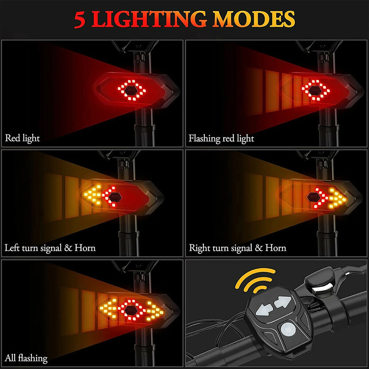 Bike Tail Light with Turn Signals Wireless Remote Control Led Bicycle Rear Light USB Rechargeable Safety Warning Cycling Lights