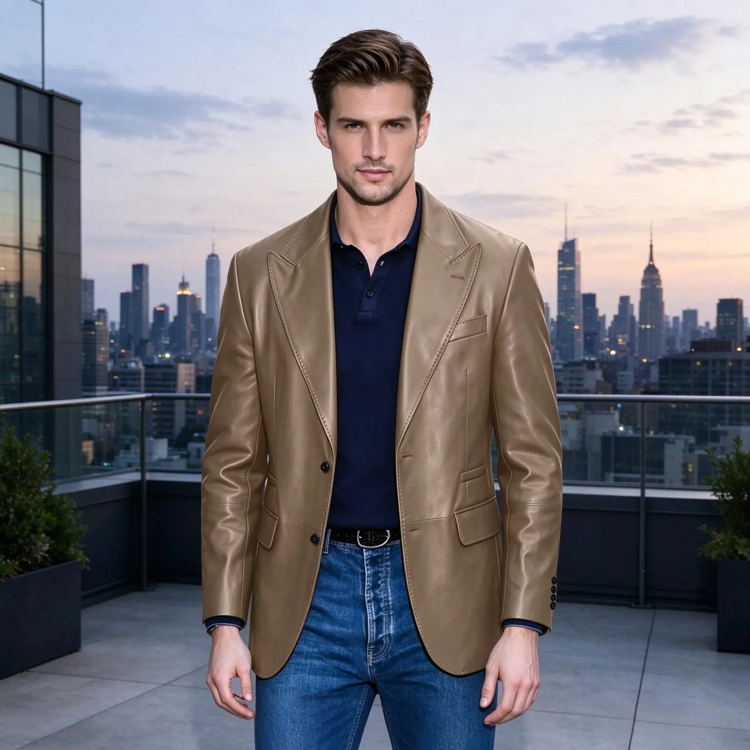 Men's Faux Leather Blazer Notched Lapel 2 Button Slim Fit Suit Jacket Business Casual Male Outerwear Fashion Leather Sport Coat