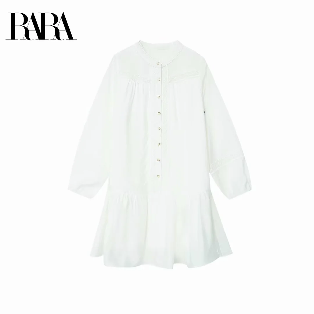 

RARA Women's Elegant and Sweet Round - neck Long - sleeve Mini Dress with Drawnwork Embroidery and Hollow - out Decoration