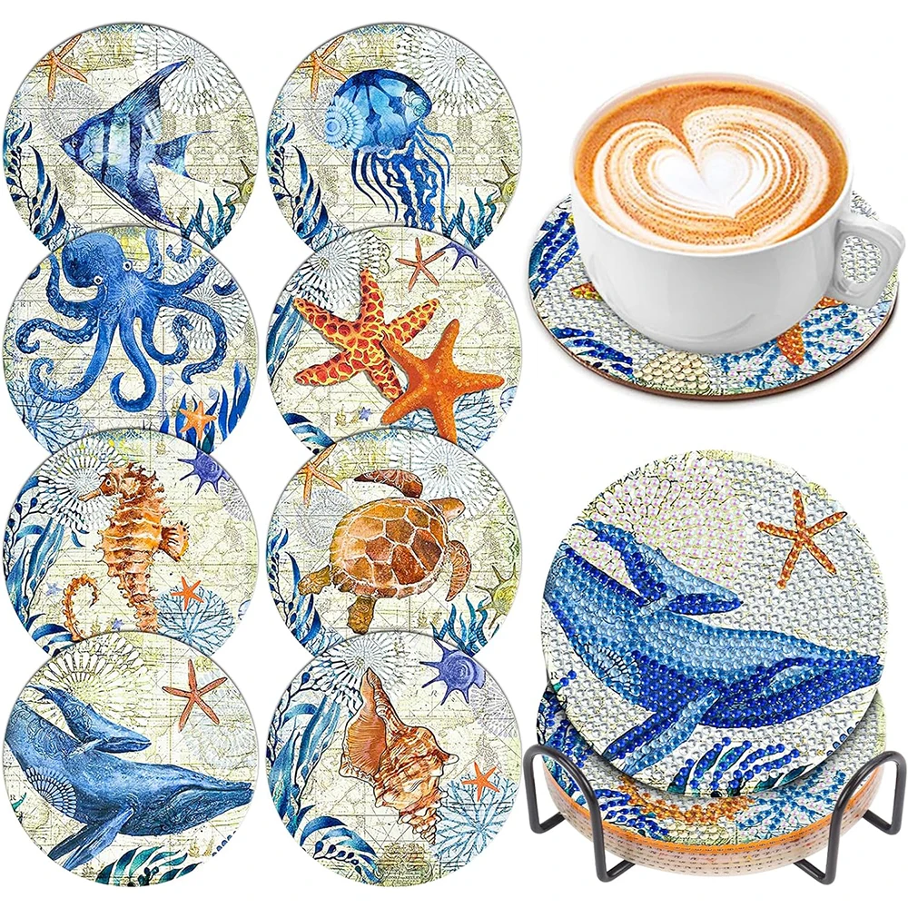 

8PCS DIY Ocean Diamond Painting Coaster Kit With Holder Blue Watercolor Butterfly Tie-Dye Diamond Art Coaster Chrismas Gift