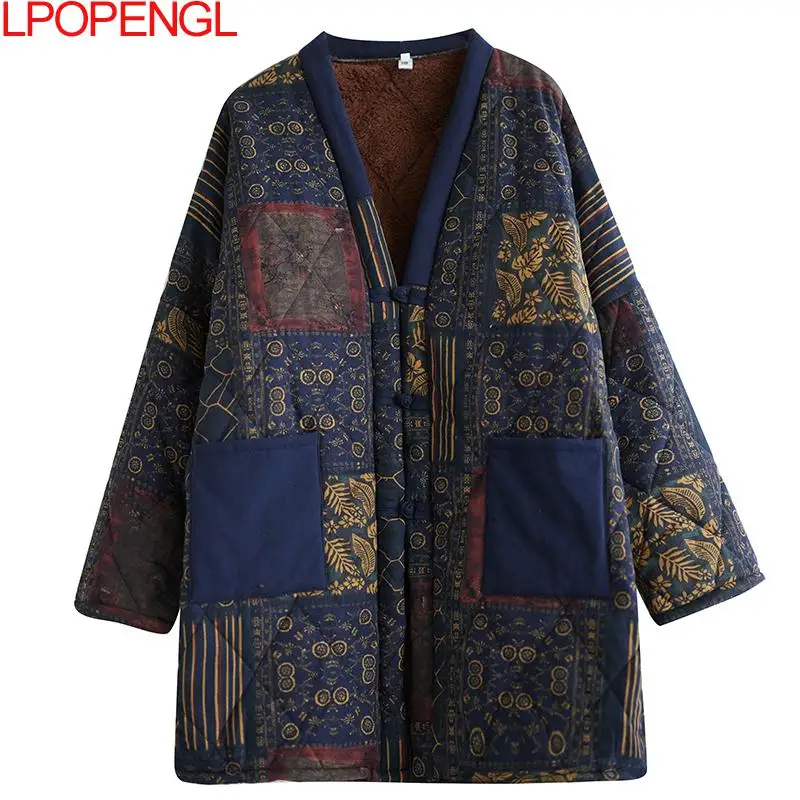 Retro Mid-length Ethnic Style Disc Buckle Floral Cotton Jacket Women\'s Winter Velvet Thickened Long-sleeved Wide-waisted Coat