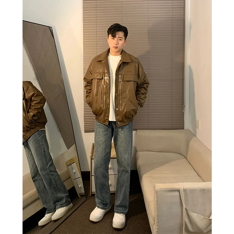 

Cé Brown Men's Biker Jaet oulder Pads Zipper Design Spring Autumn ort Sle PU Leather Jaet Trendy Casual Wear