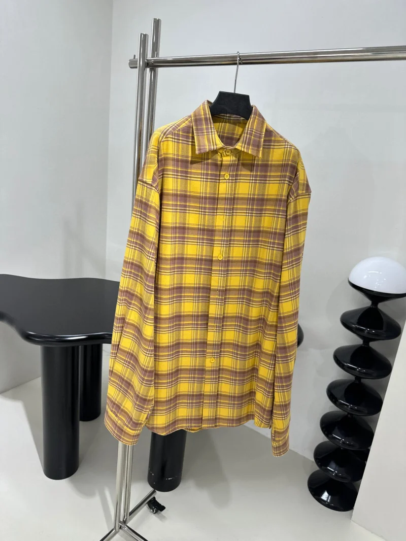 Street style women\'s shirt fashionable loose casual lazy style contrasting stripes checkered long sleeved shirt mid length