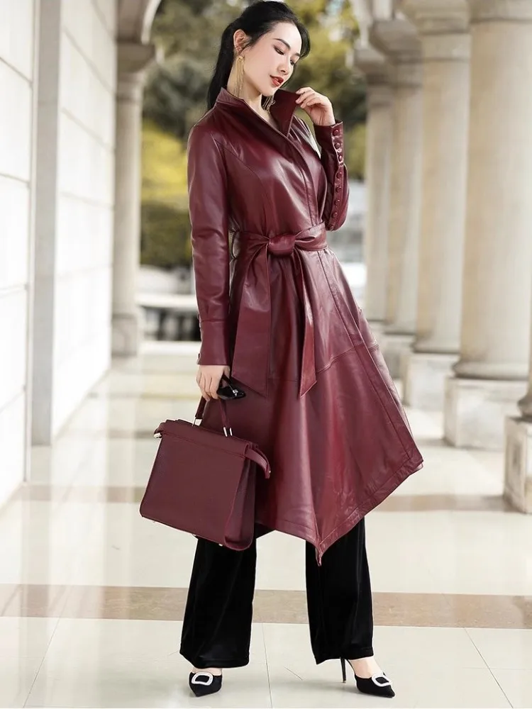 Manteau Long en cuir véritable pour femme, coupe-vent asymétrique, coupe cintrée, élégant, pardessus en peau de mouton véritable, automne et hiver