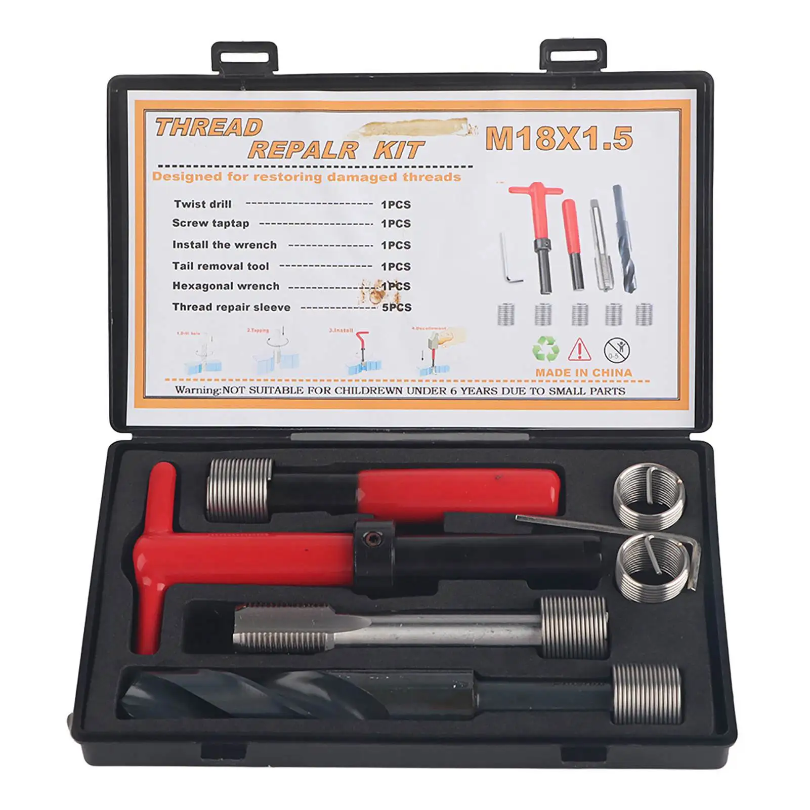 

Twisted Drill Tap Thread Repair Kit Stainless Steel Twisted Drill Wrench Threaded Insert for Car M18x1.5 Thread Repair Kit