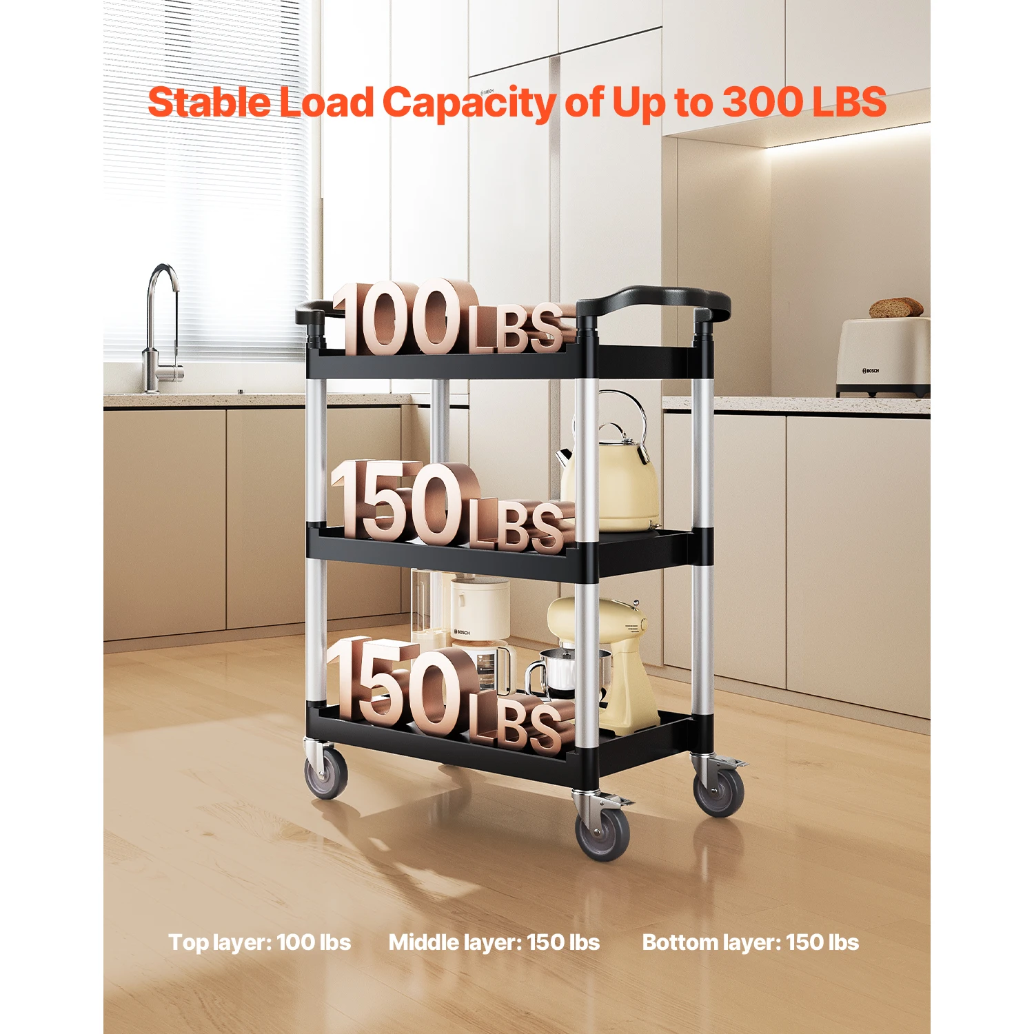 with Swivel Wheels Food Service Trolley for Office Kitchen Bathroom 300/500Lbs Rolling Utility Cart 3-tier Storage Rack