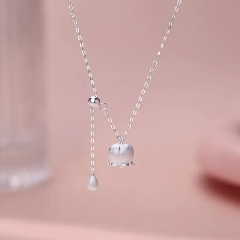

PANJBJ 925 Sterling Silve May Lily Flower Necklace for Women Tassels Frosting Design Adjustable Jewelry Gift Dropshipping