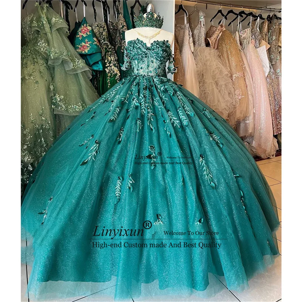 Luxury Design Sky Blue Princess Quinceanera abiti Off spalla Sparkly Flower Appliques Beads Gown Sweet 16 abiti Vestido