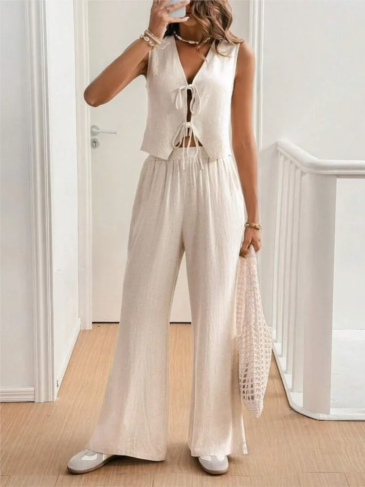 

Cardigan Tie Vest Pants Two-piece Set Women's Clothing New Solid Color Cotton Loose Casual Pants Home Wear Wide Leg Pants Set