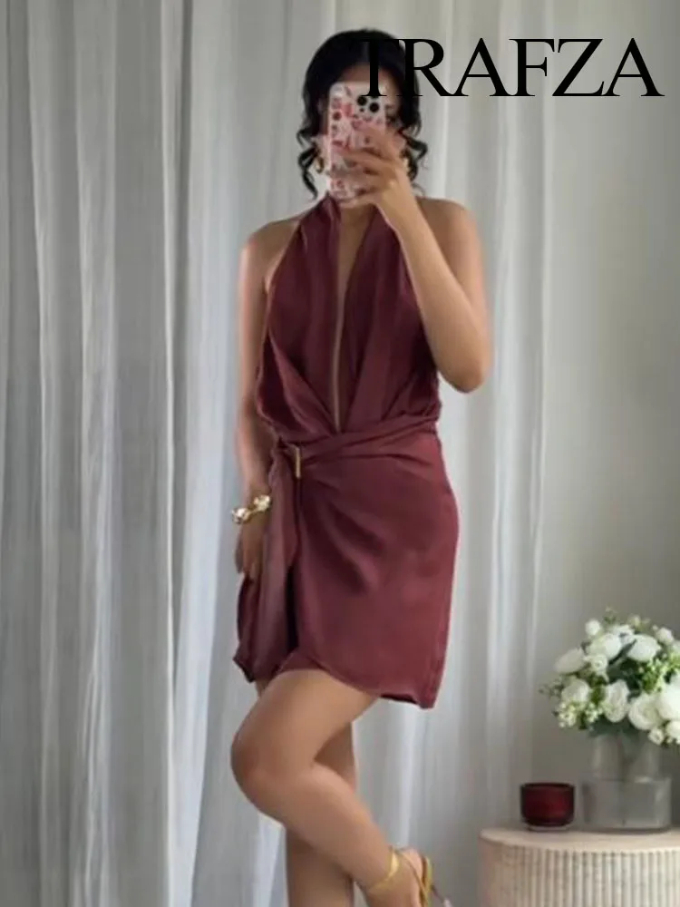 

TRAFZA Women's Summer Sexy Gold Inlaid Halter Neck Collar Backless Dress Female Elegant Sleeveless Party Slim Mini Dress Mujer