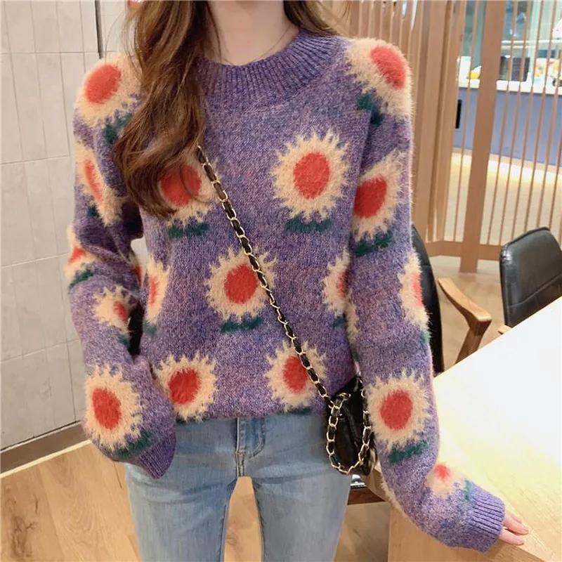 Women\'s Clothing Round Neck Casual Vintage Floral Sweaters Autumn Winter Fashion Loose Long Sleeve Knitted Pullovers for Female