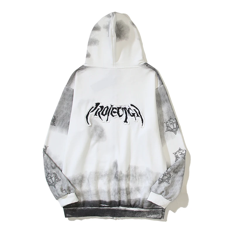 High Street Tie Dye Washed Letter Embroidery White Terry Hooded Jacket for Men and Women Ropa Hombre Baggy Casual Zipper Hoodies