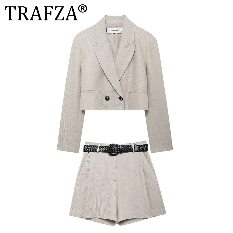 TRAFZA Vintage Frauen Anzug Solide V-ausschnitt Taste Kurzen Blazer Schärpen Gerade Mini Rock Shorts Mode 2024 Herbst Büro Tragen Set