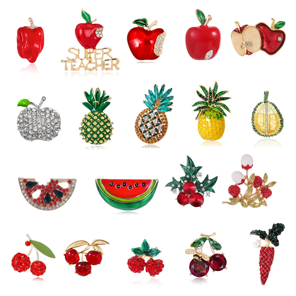 Nuevo broche de frutas y verduras con diamantes de imitación, cristal brillante, manzana, piña, cereza, durian, sandía, lichi, zanahoria, pimienta