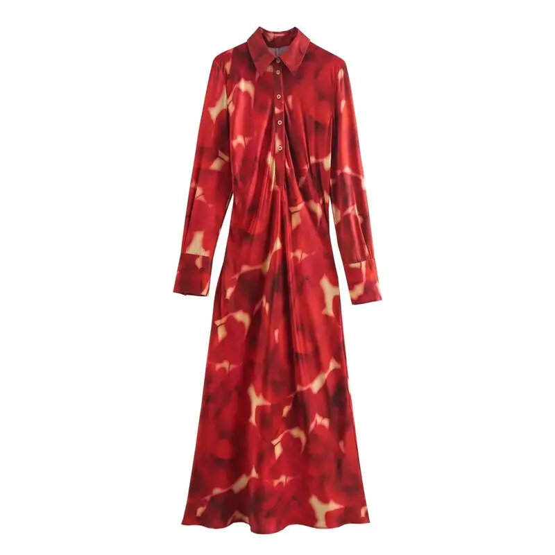 Ele Autumn Winter New Arrival Women's Dr Silk Satin Print Long Sve irt Dr Versatile Quali Faion 9092