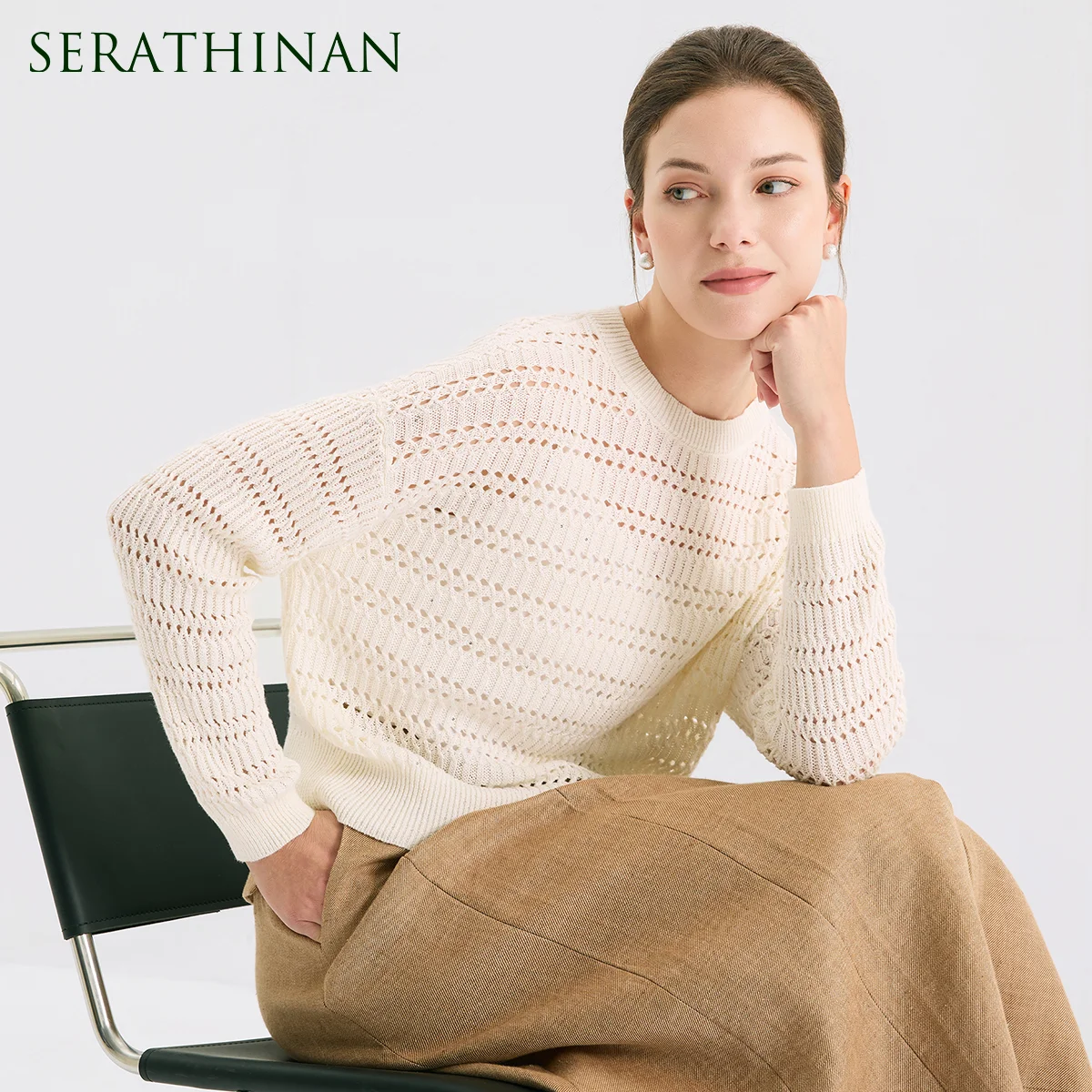 

BL4611431 Luxury 100% Linen Sequin Women's Hollow Out Pullover Elegant Round Neck Loose Knitted Sweater Clothing