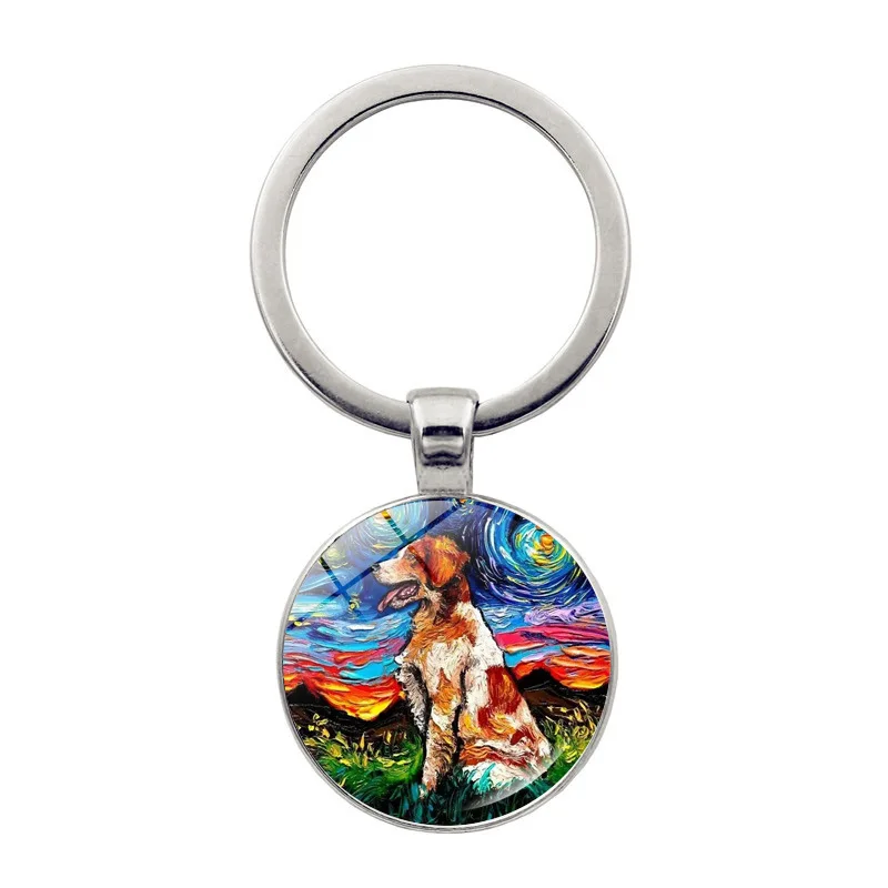 Oil Painting Dog Keychain Decorative Pendant Under The Starry Sky