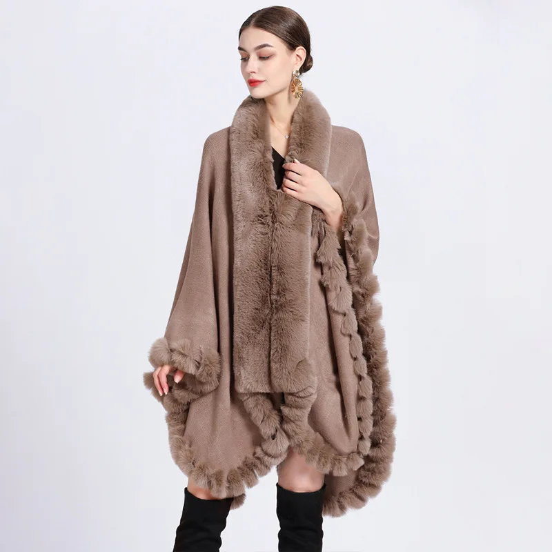 Warm Rex Rabbit Fur Collar Ponchos Women\'s Cashmere Loose Cosplay Overcoat Cape Shawl Woolen Large Size Cloak