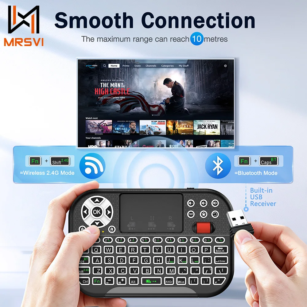 MRSVI 2.4G+BT Dual Mode Wireless Air Mouse with Touchpad, Backlit Rechargeable Portable Keyboard for PC Tablet TV Smartphone