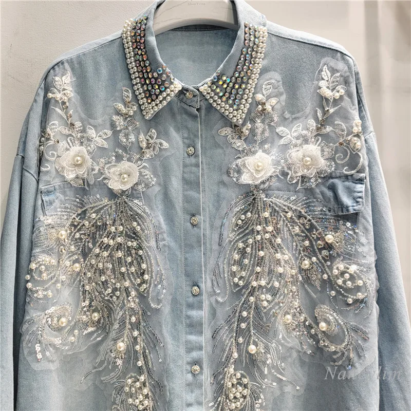 European Style Heavy Industry Beaded Sequined Lapel Denim Shirt Women 2024 Autumn New Loose Long-sleeved Jean Blouse