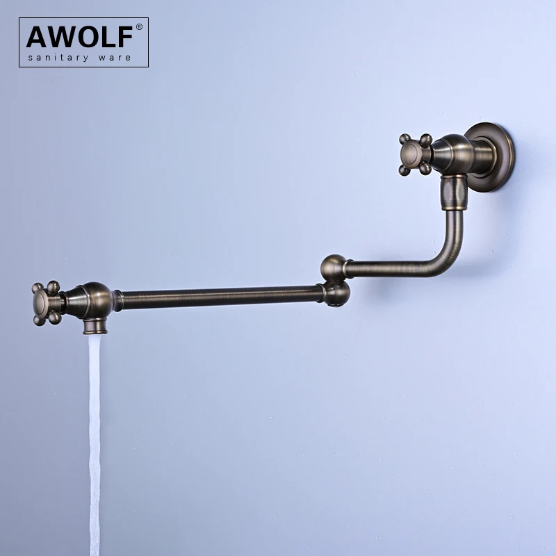 Awolf Solid Brass Pot Filler Brushed Grey Kitchen Folding Faucet Wall Mounted Gold 360 Degree Rotation Tap Chrome FW012