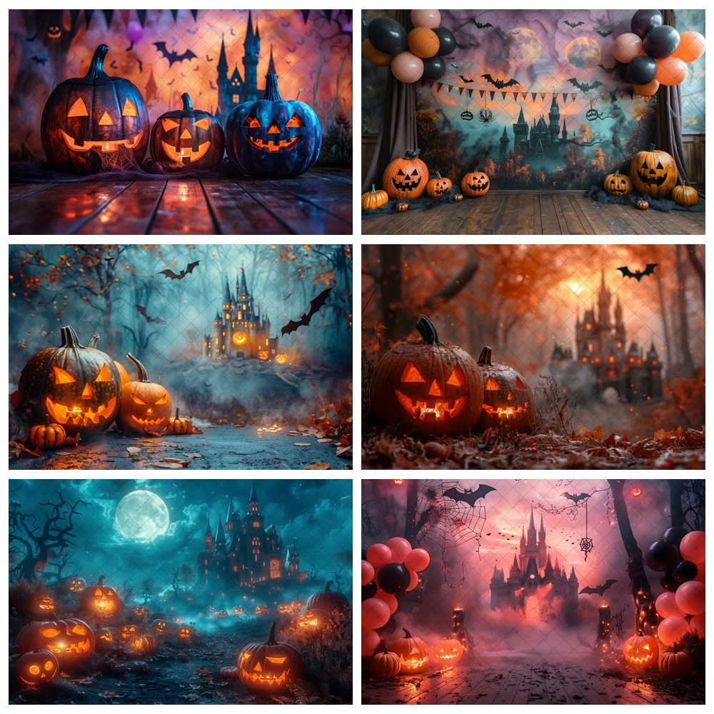 

Halloween Backdrop Gray Castle With Pumpkin Lantern Kids Baby Cake Smash Photocall Decors Child Adult Photography Backgrounds