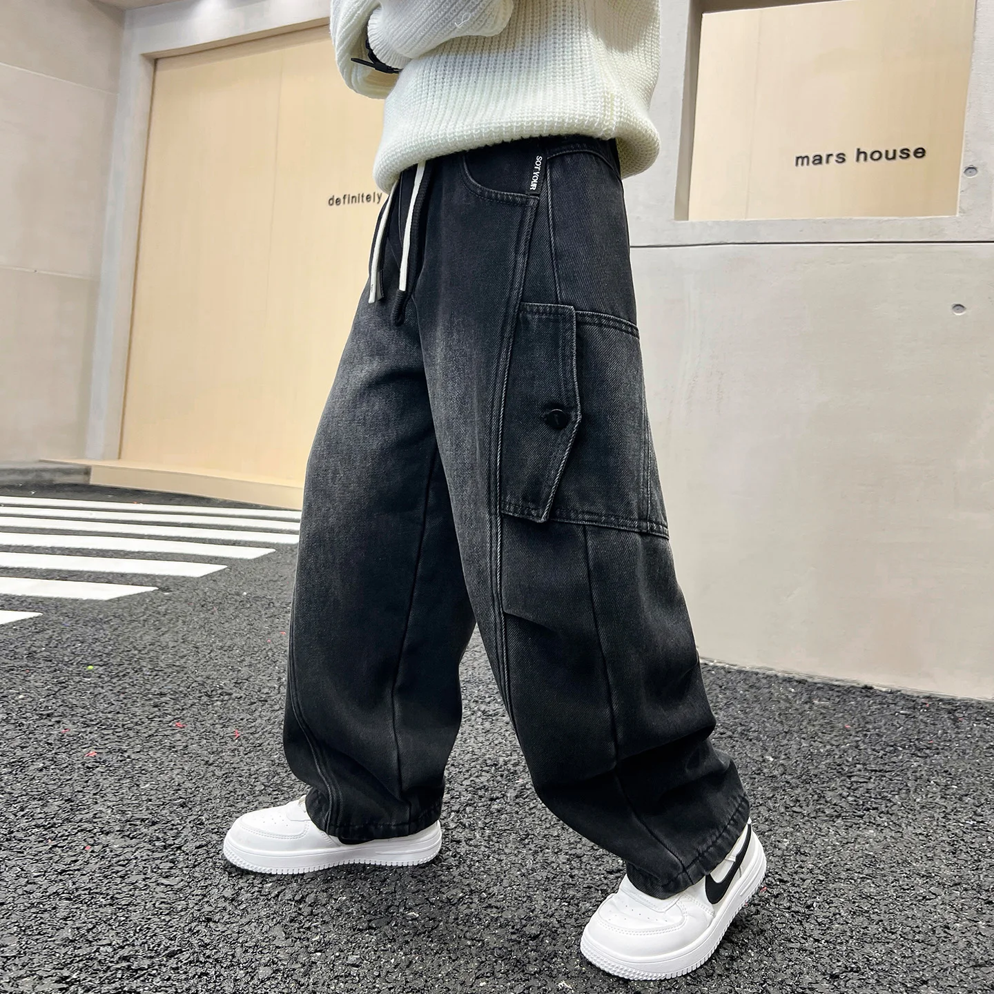الصبي الأمريكي Y2K 2025 جديد فضفاض واسعة الساق الجينز الأسود المتضخم الصبي الشارع عادية جوكر الدنيم السراويل زوجين الجينز خمر القاع #2