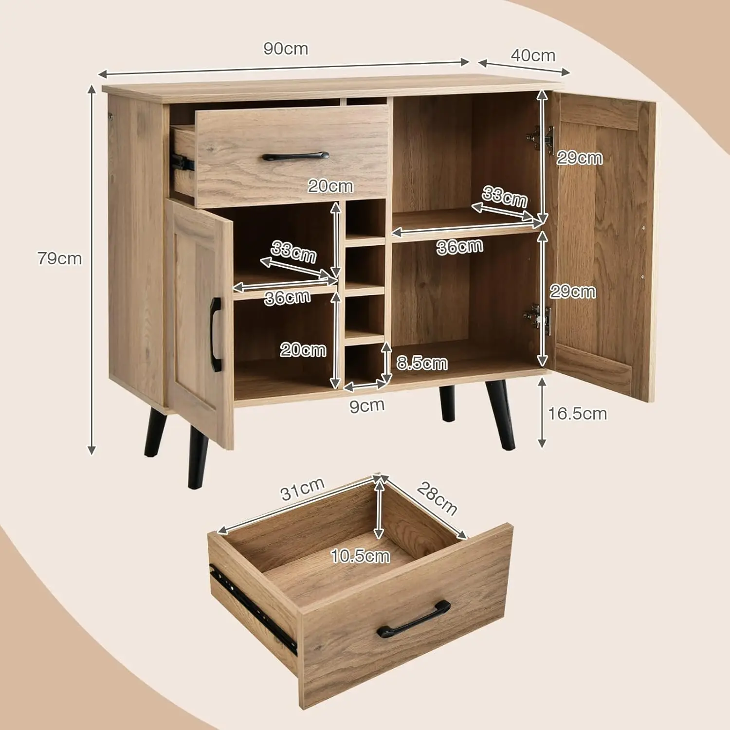 Afbeelding 4: Keukendressoir with wine rack for 6 bottles, barkast with 2 door and 1 drawer, storage cabinet with adjustable planks for living room, ee