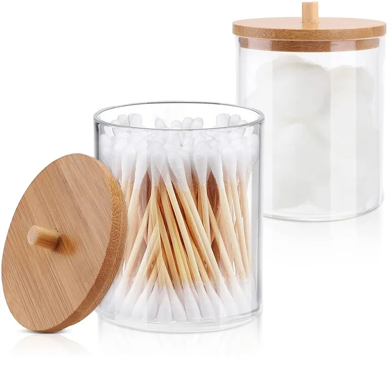 Cotton Swab Organizer Storage Bamboo Cover Acrylic Round Organizer Makeup Storage Box Container Acrylic Storage Box