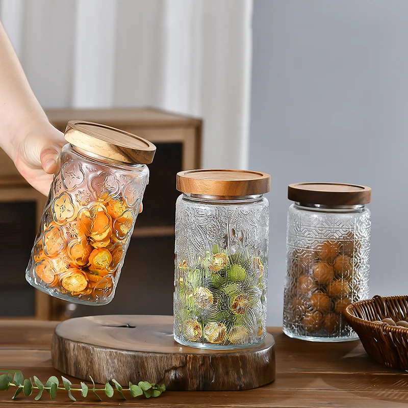 1000ml Glass Storage Jar of Begonia Flower Nuts Snacks Sealed Jar of Tea Miscellaneous Grains with Lid Household Storage Jar