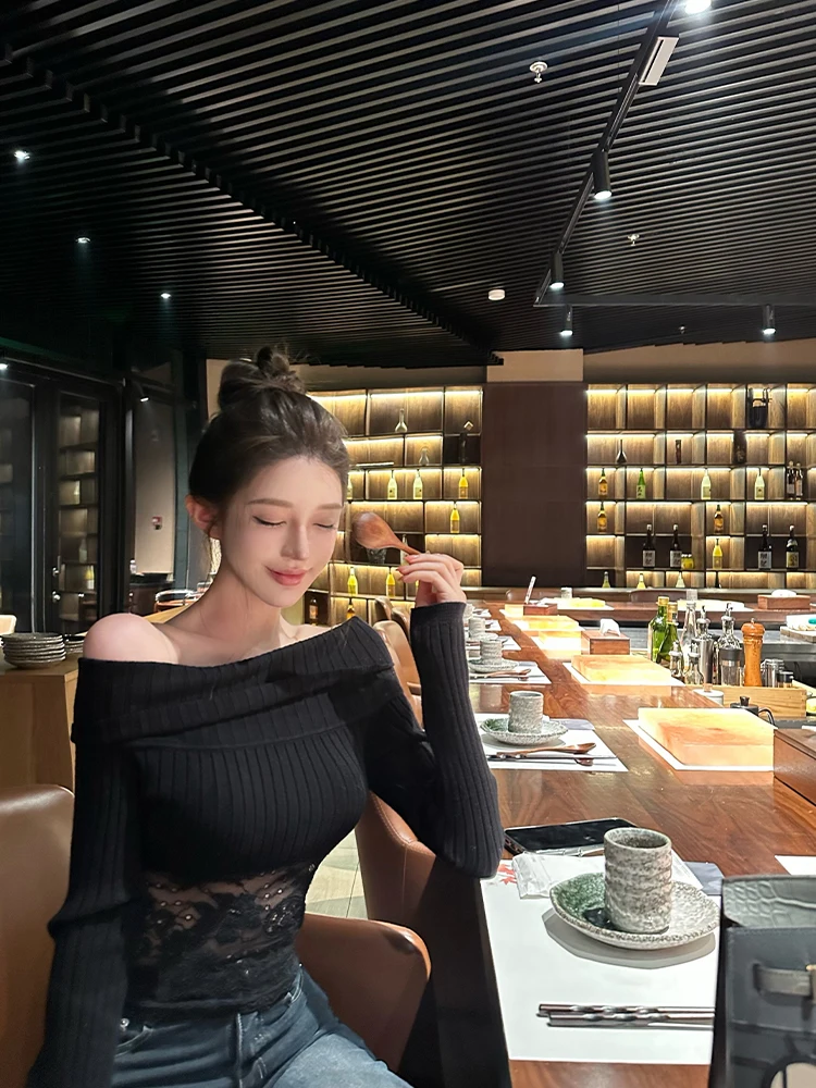 

Chill er Lace Splice Sexy Pure Desire Slim Fit One oulder Knitted Top Women's Faion Sle Casual Wear Overhead Ne D...