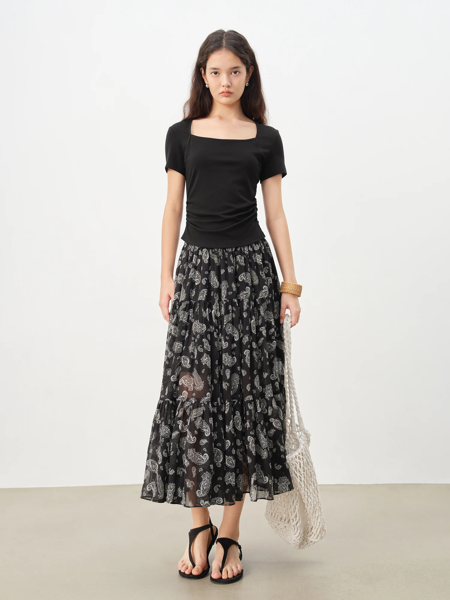 ZIQIAO 2025 夏 レディース ペイズリー柄 シフォン スカート - ハイウエスト Aライン フローイ ミディ丈 ヒップスカート シルエット バケーション向け