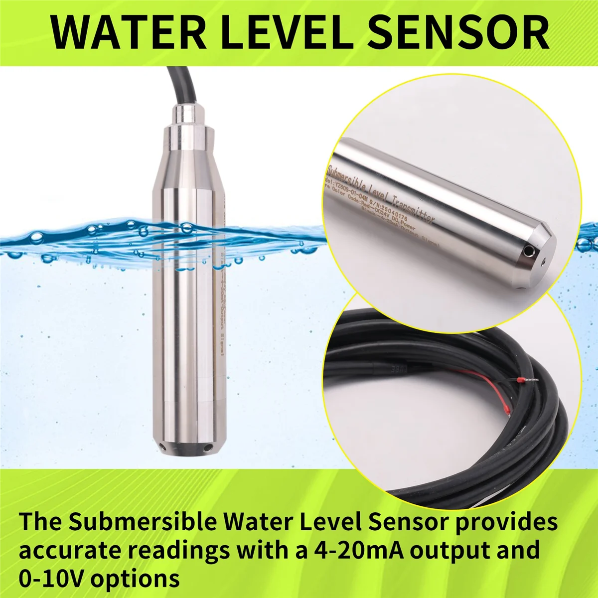 ABNJ Submersible Water Level Sensor 4-20mA 0-10V Output Hydrostatic Level Sensor Transmitter Level Sensor Transducer
