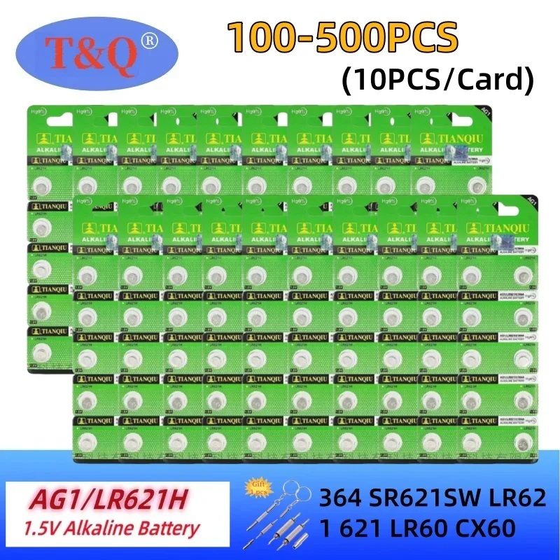 

TIANQIU 100-500PCS AG1 Watch Battery 1.55V 364 SR621SW LR621 621 LR60 CX60 Alkaline Button Coin Cell Batteries Drop Shipping