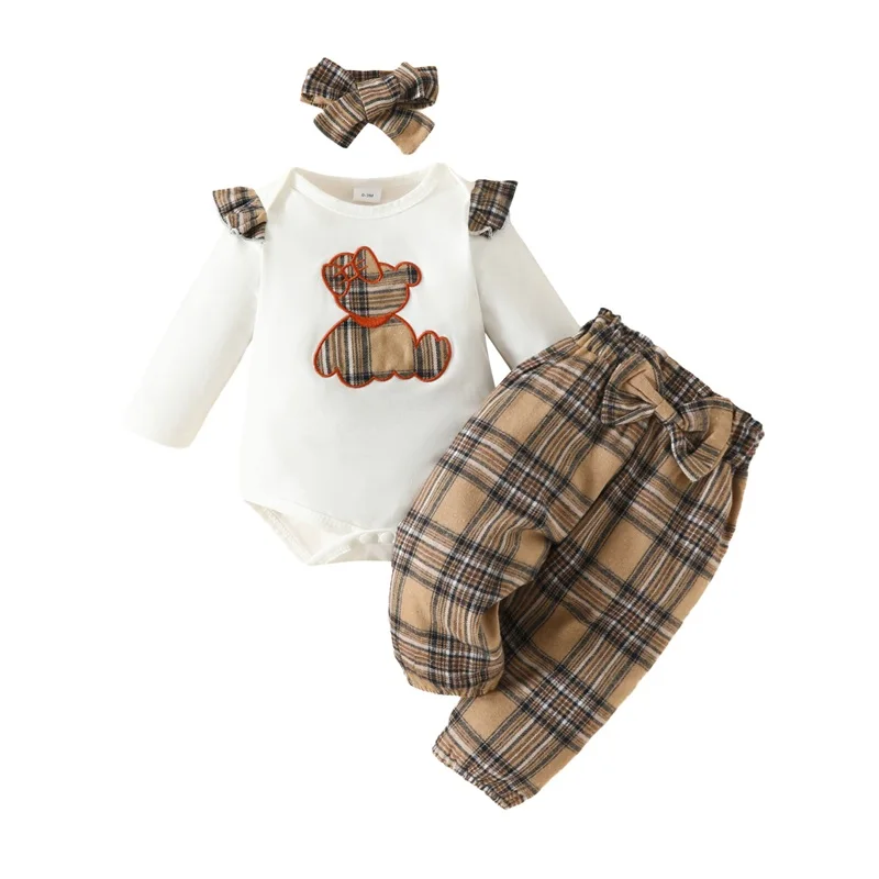 

3Pcs Baby Girl Fall Outfits Long Sleeve Romper Plaid Pants Headband Set Winter Outfit