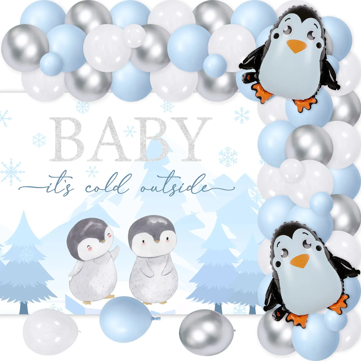 

Penguin Baby Theme Birthday Decor Winter It's Cold Outside Backdrop Penguin Balloon Arch Garland Kit for Boy Girl