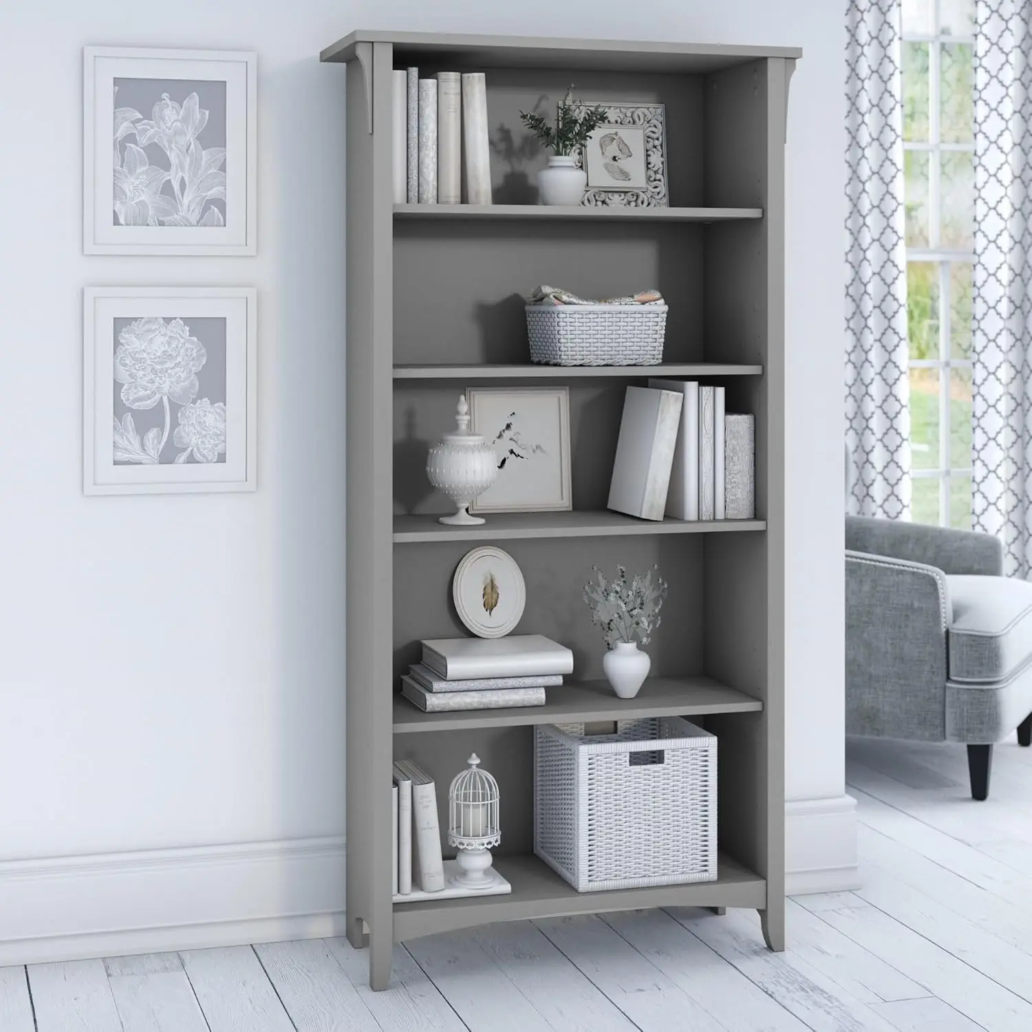 Bush Furniture Salinas Tall 5 Shelf Bookcase in Cape Cod Gray