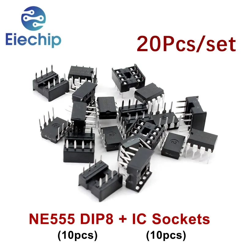 20pcs NE555 IC 555 & 8 Pin DIP Sockets (10 each) ic ne555 and Sockets DIP8 diy for arduino starter kit